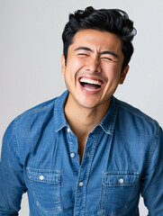 Obraz premium A man with a beard and gray hair is smiling and laughing