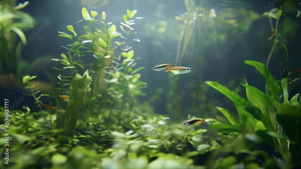 Wall mural A group of fish swimming in a lush green aquarium. The fish are brightly colored and the plants are vibrant and healthy. The scene is peaceful and serene, with the fish swimming among the greenery