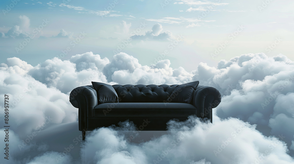 Sticker a surreal image featuring a luxurious black leather sofa floating among fluffy white clouds against 