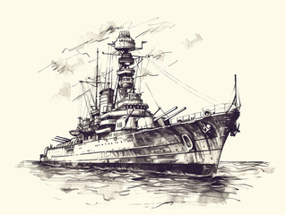 An old naval battleship is depicted in a black ink drawing on a white background. The vintage sketch shows a side view of the ship with space for text in the sky.