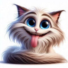 a photorealistic whimsical cartoon Cat with a mischievous grin. The Cat has blue eyes and long fur