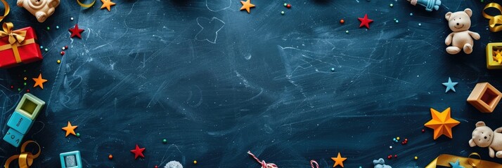 Dark Blue Chalkboard with Scattered Toys and Decorations