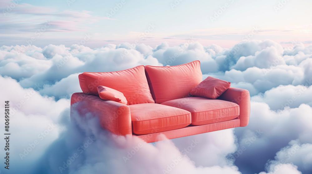 Poster A surreal image of a coral pink sofa floating above dense, soft clouds under a clear blue sky.