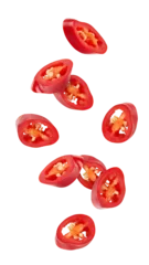 Fotobehang Chili Pepers Falling sliced red hot chili peppers isolated on white background  © grey
