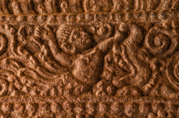 Indian design of stone relief. 7th century temple, Pattadakal, Karnataka, India. UNESCO World Heritage 