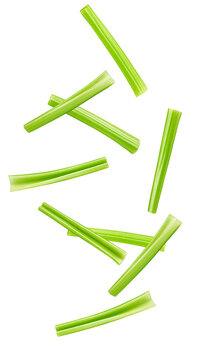 Falling celery isolated on white background, full depth of field