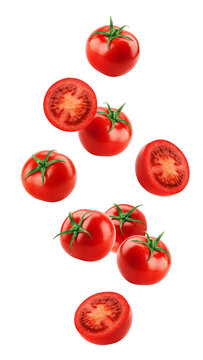 Falling tomato isolated on white background, full depth of field