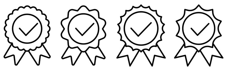 Rosette stamp line icon set. Linear award ribbon badge with checkmark tick collection. Medal with approve symbol group. Vector illustration isolated on white.