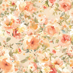 Lively blooms and vibrant foliage, in apricot blush and deep fern shades on light background. Watercolor style. Wrapping Paper, Textile Design, Stationery Background, Creative Projects