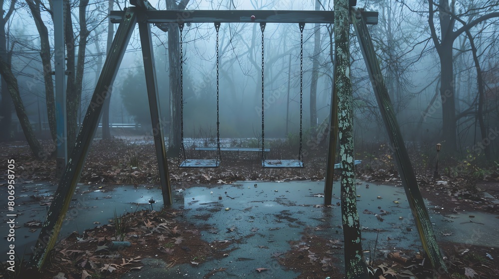 Canvas Prints An empty, eerie playground swing set sits in a forest on a foggy day. The ground is wet and covered in fallen leaves.