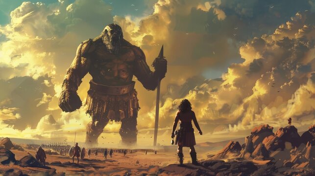 david confronting the giant goliath in ancient battlefield digital painting