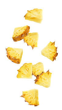 Falling pineapple slice isolated on white background, full depth of field