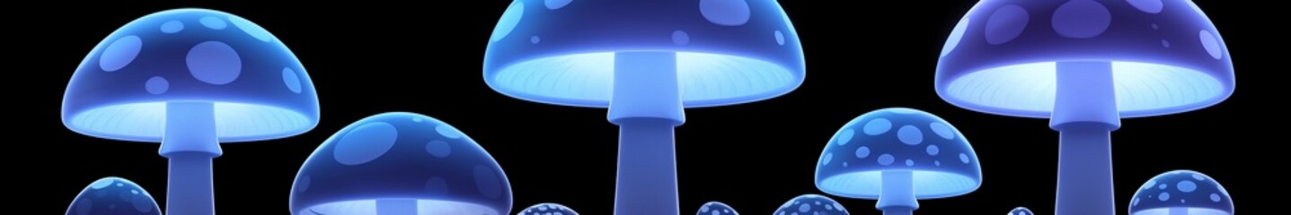 A series of glowing blue mushrooms with white spots on a dark background. Amanita. Ultra wide. Copy space