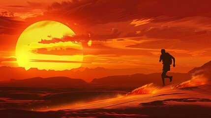 Obraz premium desert runner silhouetted against a fiery sunset sky digital illustration