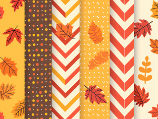 Fototapeta premium Prepare for the season with an autumn vector background showcasing fall leaves, zig-zag, polka dot, and stripes. Ideal for Thanksgiving, this collection also includes Thanksgiving patterns.