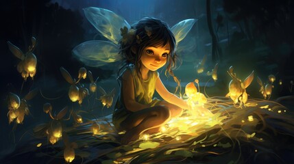 Firefly swarm pixie watercolor illustration - Generative AI. Little, girl, pixie, fly, light.