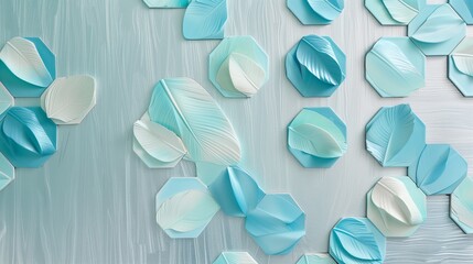 Elegant dove feather tiles in turquoise on brushed aluminum.