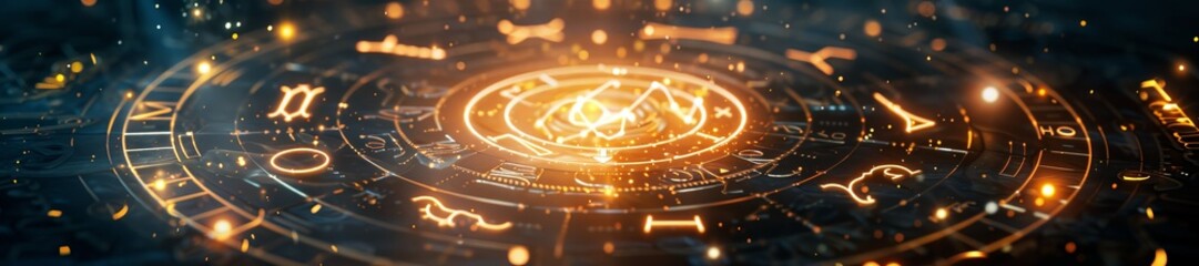 Widescreen. Mystical circular design with zodiac symbols in a golden glow. Mystical zodiac wheel, fantasy astrolabe illustration, glowing ancient symbols.