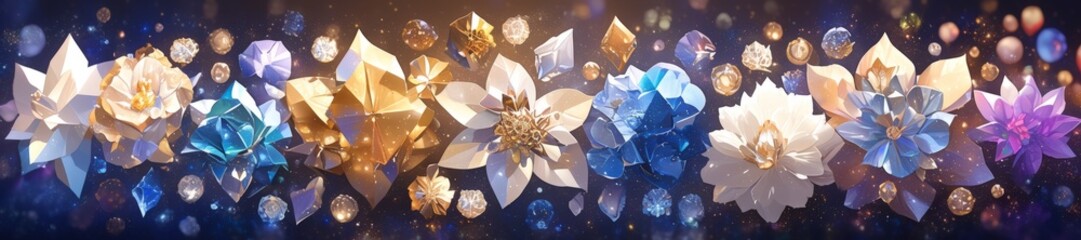 A row of crystalline flowers in hues of blue, gold, and purple, with a bokeh effect in the background. Widescreen - Powered by Adobe