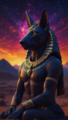Anubis, the Egyptian god of the dead, is depicted as a jackal-headed figure with a golden collar and bracelets, sitting in the desert against a backdrop of a starry night sky - obrazy, fototapety, plakaty