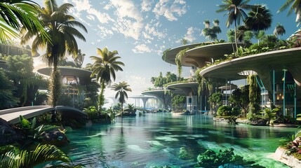 ecofriendly futuristic green utopia metropolis by tropical sea sustainable scifi city