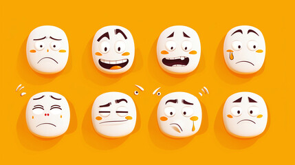 A collection of eight cartoon faces showing various expressions on a bright orange background.