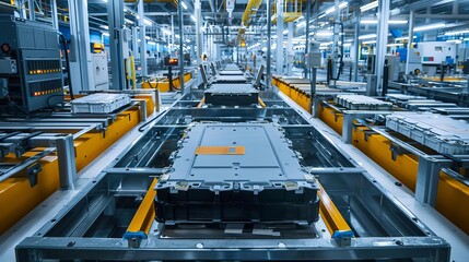 efficient mass production assembly line of electric car battery cells in a busy factory industrial photography