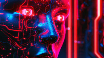 Close-up of a stylized, digital face with circuit patterns and vibrant red and blue lighting.