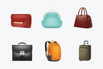 Set of icons of bags and luggage. Various types of bags ranging from elegant, sports, business and travel bags. Office business bag. Vintage leather cases for ladies and men. 