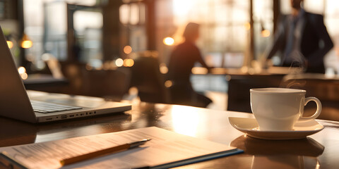 A cup of coffee with a laptop on a wooden table in office, Office Ambiance - Powered by Adobe