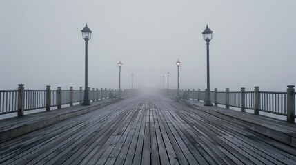 Fototapeta premium A long wooden pier stretches out into the misty distance. The wooden planks are wet from the rain, and the railings are lined with benches.