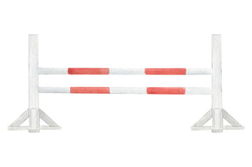 Watercolor illustration of barrier for show jumping and horse jumping, white and red poles. Equipment for horse riding. Isolated. For cards, prints, decor © dakora