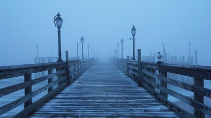 A wooden pier stretches out into the misty distance. The wooden planks are wet from the rain, and...