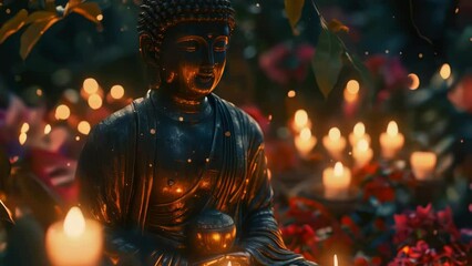 A statue of a Buddha is sitting in a garden with candles around it. The candles are lit and create a warm and peaceful atmosphere