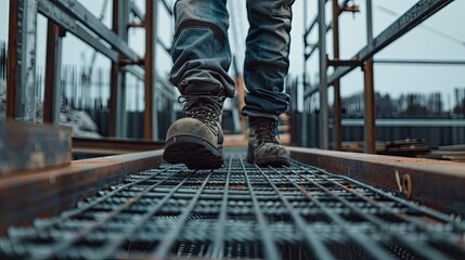 Close up of worker walking on metal platform at construction site. Engineer banner