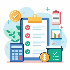 Financial Planning Checklist With Calculator and Money, budget management personal financial control budget planning records management,  flat Vector Illustration - obrazy, fototapety, plakaty
