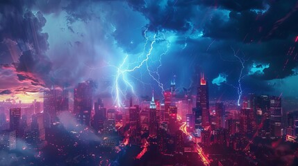 Fototapeta premium futuristic cityscape with lightning strikes storm clouds and colorful splashes 3d illustration