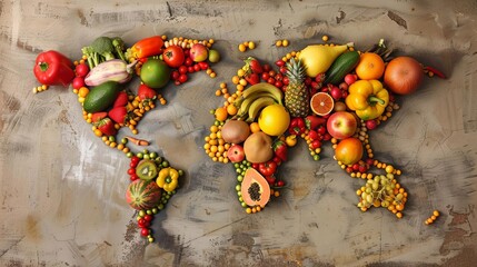 global compassion world map made of fruits and vegetables food waste and hunger concept