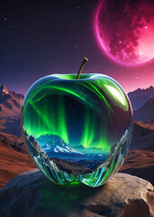 Stunning Landscapes Inside A Crystal Apple Powerful Vibrant Colours Showing Environmental Awareness 300PPI High Resolution Image - obrazy, fototapety, plakaty