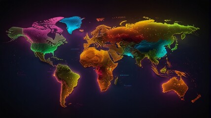 A colorful, glowing world map with continents and oceans illuminated in vibrant colors, set against a dark background, highlighting global connections - obrazy, fototapety, plakaty