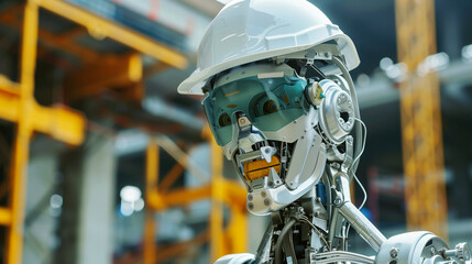 Fototapeta premium Close-up of a robotic figure wearing a safety helmet in an industrial setting.