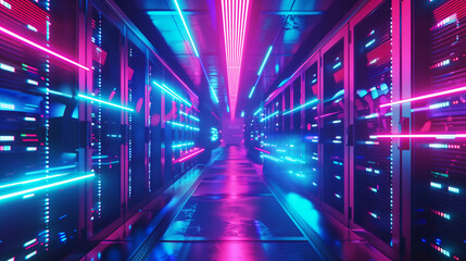 Fototapeta premium A futuristic server room with vibrant neon lights and a sleek, advanced design.