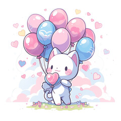 A cute white cat is holding a heart-shaped balloon with one paw and a bunch of pastel-colored balloons with the other paw