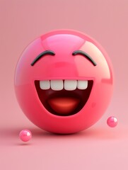 Joyful Pink Emoji in 3D, Expressing Happiness with a Radiant Smiling Face on Pink Background