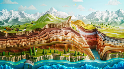 Vibrant cross-section landscape showing various geological layers with animals and trees. - obrazy, fototapety, plakaty