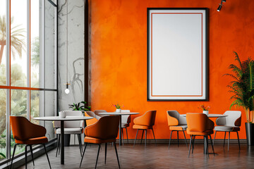 A stylish dining room with a lively orange wall, white ceiling, large windows and a large blank poster. The modern décor features orange chairs, white tables, and elegant hanging lights
