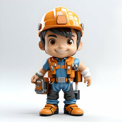 3D Render of Little Boy Construction Worker Character with toolkit on white background