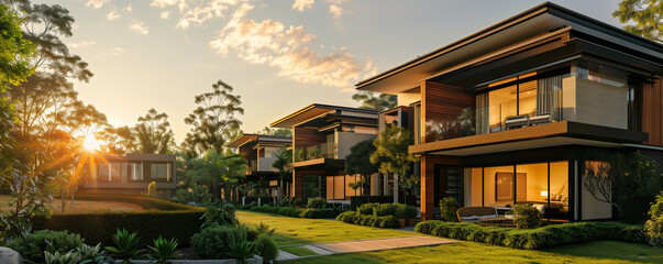 Fototapeta premium A newly developed suburban apartment complex, designed with spacious units and expansive green spaces, provides an ideal environment for outdoor activities and community bonding.