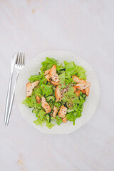 Plate with healty salat - chicken, cucumber, lettuce leaves, flax seeds on white marble background. Top view.