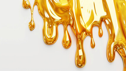 Golden liquid dripping on a white background, creating a visually striking and luxurious flow.